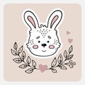 Rabbit. Cute funny hand drawn animal with hearts, leaves and branches.